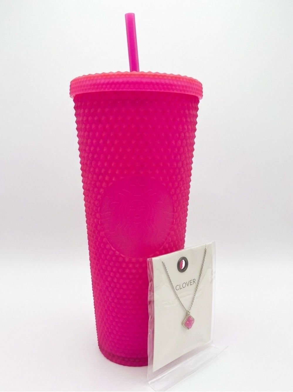 Starbucks Hot Pink Studded Tumbler & CLOVER Druzy Necklace